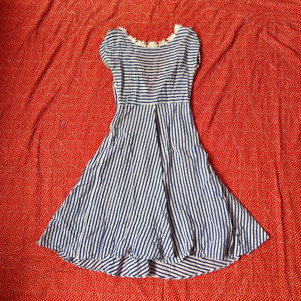 Antique 1940s Blue White sheer Striped Lace Trim Fit & Flare open back Dress
